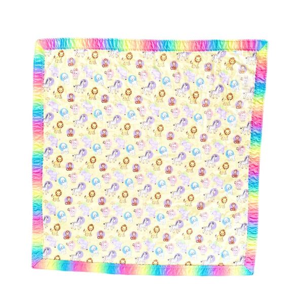 Vintage Handmade Precious Moments Animal Fleece Tie Dye Satin Trim Baby Blanket - Picture 7 of 10